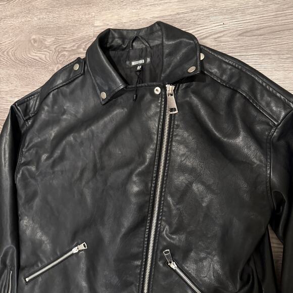 Missguided Black Faux Leather Moto Biker Jacket Black Zip Up Women 8 Edgy Winter - Picture 4 of 9